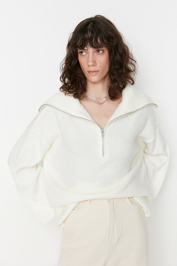 Trendyol Collection-Soft Textured Zippered Wide Fit Knitwear Sweater - Twoaw23Kz00236 1