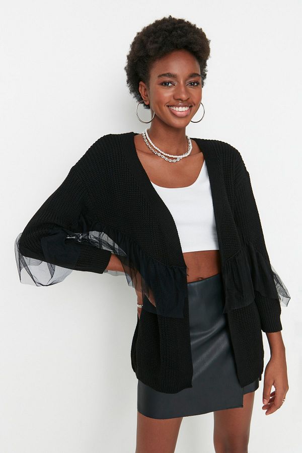 Trendyol Collection Knitwear Midi Cardigan Black Tulle Detailed TWOAW20FV0048 Trendyol