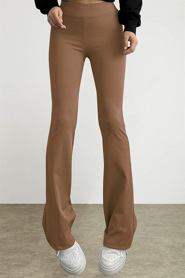 byhaziran butik-Women's Camel Flare Leg Ribbed Extra High Waist Gathering Tights 1