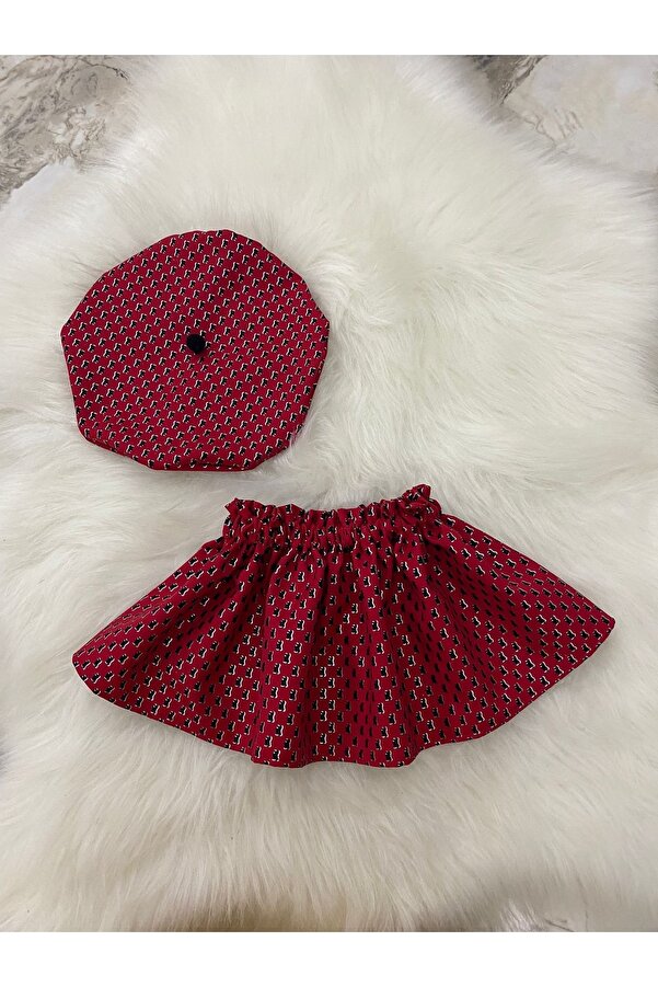 Moda Lina Kırmızı Desenli Etek Şapka Takım