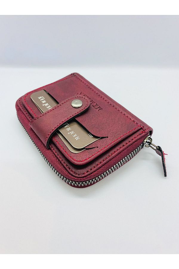 MKM-Nubuck Leather Zippered Unisex Claret Red Card Holder Wallet 1