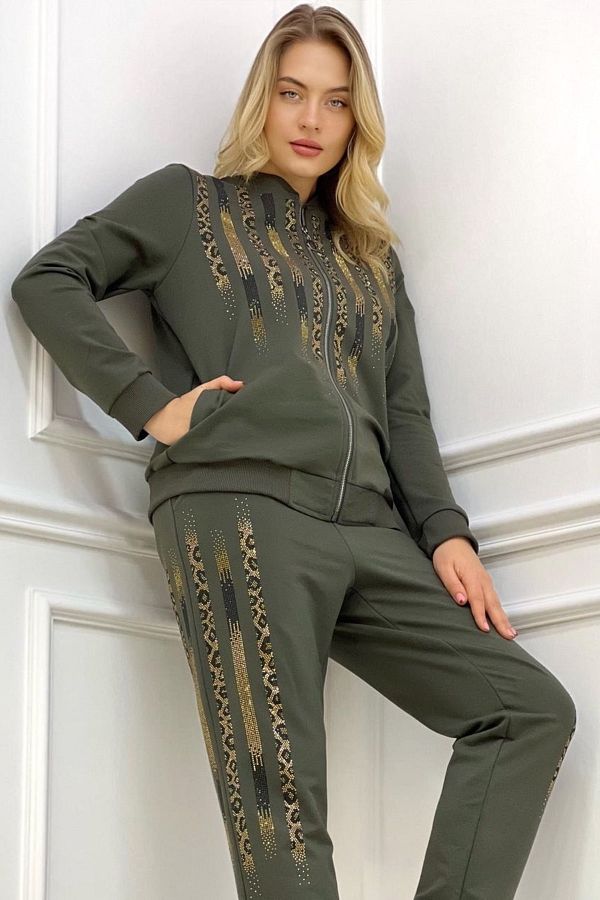 RICH GLAM-Plus Size Khaki Leopard Stones Cotton Tracksuit Set - Two Thread 1