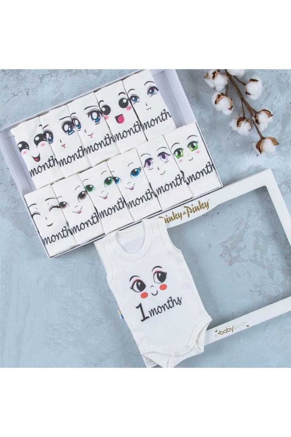 Pinky-Melomio Eye Printed 12-Piece Memory Snap-On Bodysuit Set Athlete Monthly Badi Set 100% Cotton 1