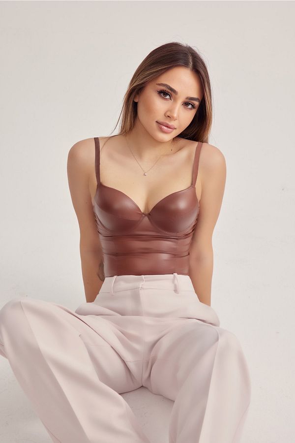 meriluu Extra Soft Lycra Leather Look Crop Top Underwire Push Up Bustier Bt0013 009 Trendyol