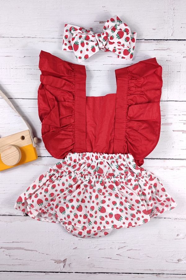 ADABEBEK Girl s Frilly Strawberry Patterned Bandana Salopette Set Trendyol