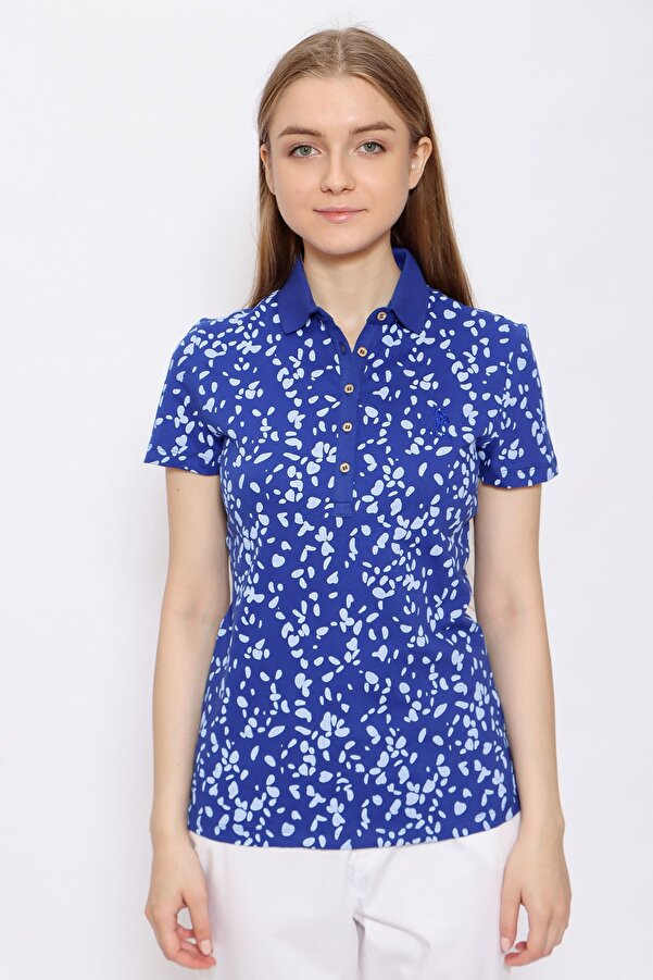 Polo Saks Blue and White Patterned Polo Collar Button