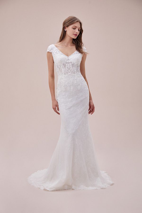 Oleg Cassini Collection Lace Embroidered Cap Sleeve V neck Trumpet Model Wedding Dress Trendyol