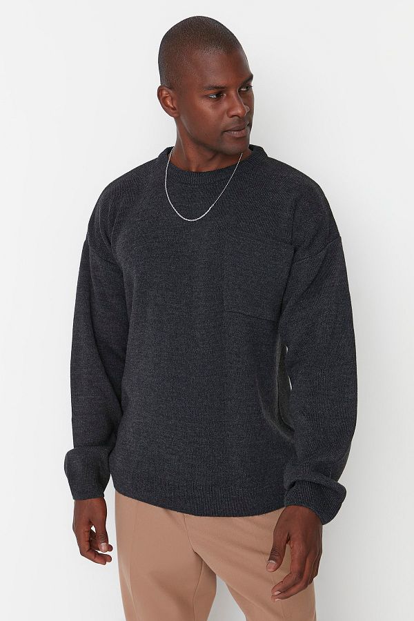 Trendyol Collection-Anthrazitfarbener Oversize-Strickpullover mit Rundhalsausschnitt - TMNAW22KZ0146 1