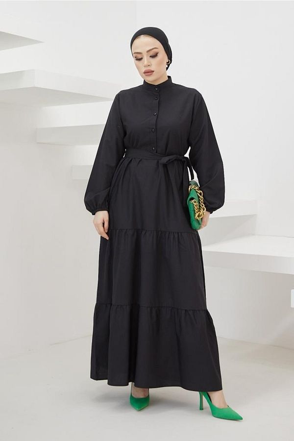 benguen-428 Prächtiges Hijab-Kleid mit Kragen und Knöpfen in Schwarz 1