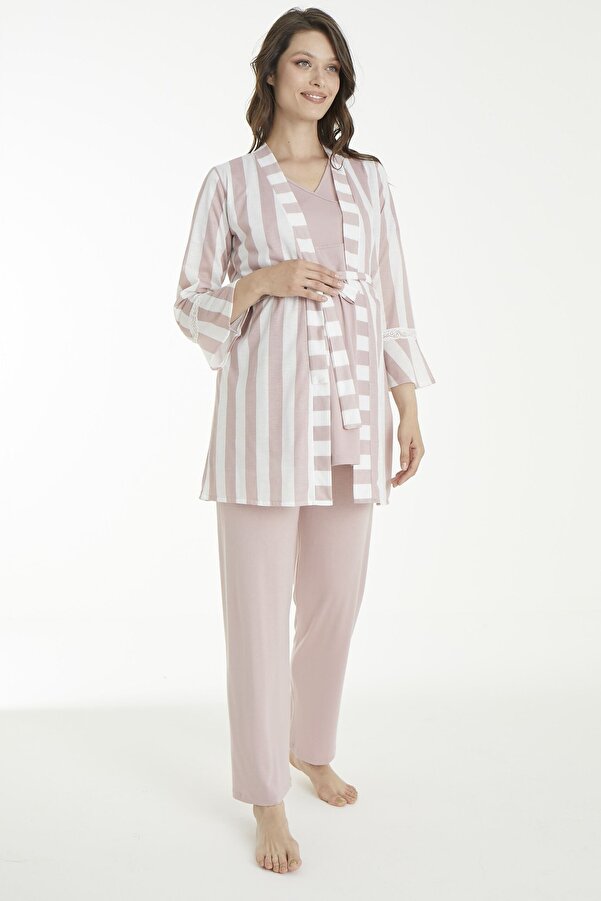 Miss Dünya Lissa Pudra Çizgi Desenli Lohusa Ve Hamile Pijama Takım