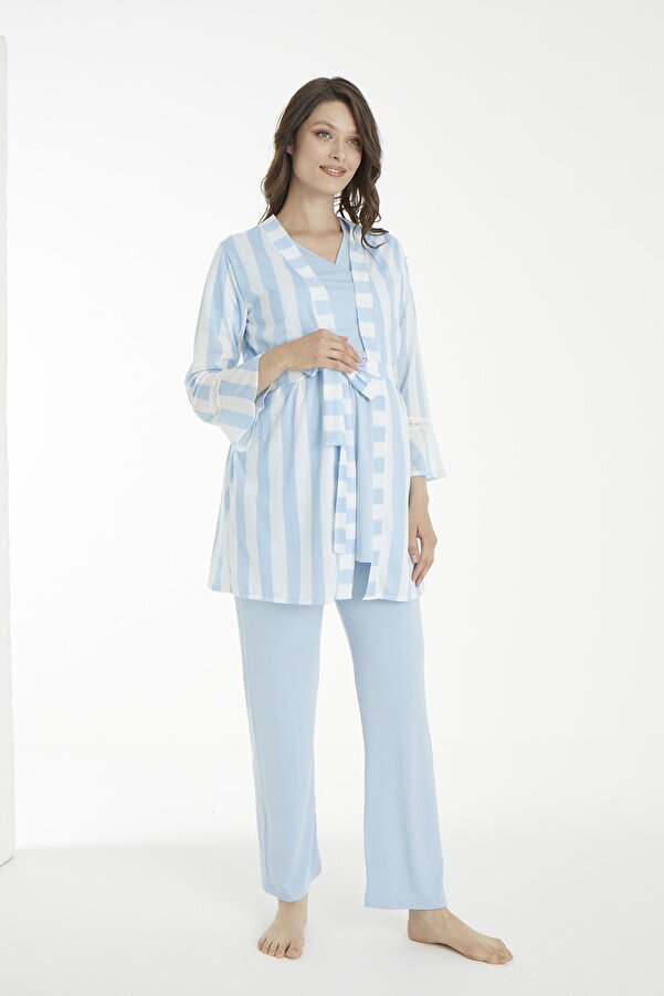 Miss Dünya Lissa Mavi Çizgi Desenli Lohusa Ve Hamile Pijama Takım