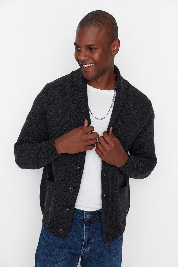 Trendyol Collection Wooly Anthracite Knitwear Cardigan Shawl Collar Regular Fit Tmnaw22Hi0131 Trendyol
