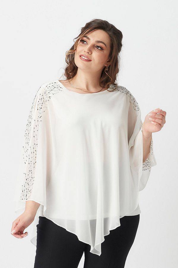 Moda Alba-Pelerina din șifon cu bijuterii pe umeri alb. Bluză elegantă de mărime mare 1