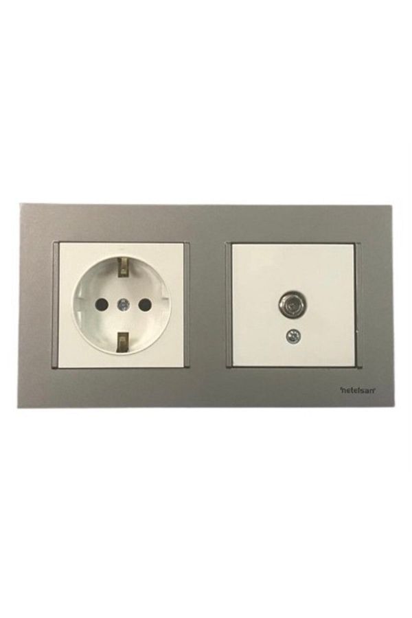 Netelsan-- White Grounded Socket & White Satellite Socket - Matte Silver Double Frame Combination 1