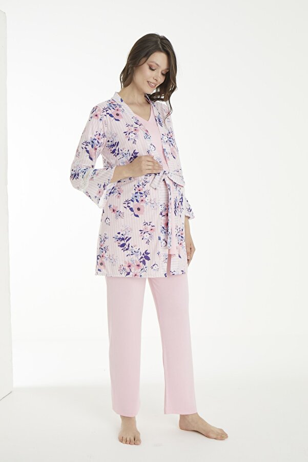 Miss Dünya Lissa Pembe Çicek Desenli Lohusa Ve Hamile Pijama Takım