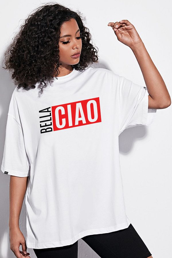 voyagedepasage Pasage Oversize Bella Ciao Printed White T shirt Trendyol