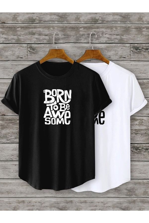 CANDEL-Unisex Double Set Bottom Oval Slim Fit Born To Be Print T-shirt 1
