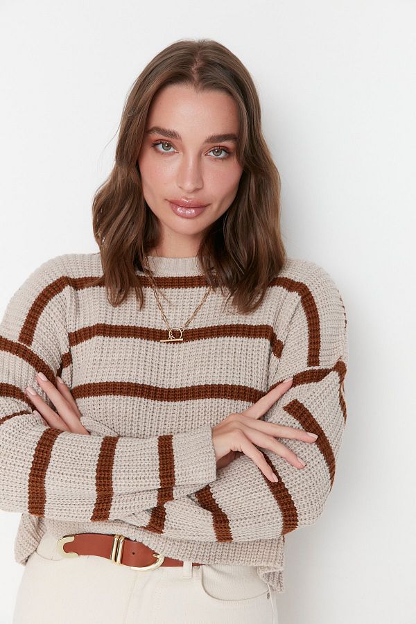 Trendyol Collection-Stone Crop Basic Strickpullover mit Streifen TWOAW23KZ00390 1