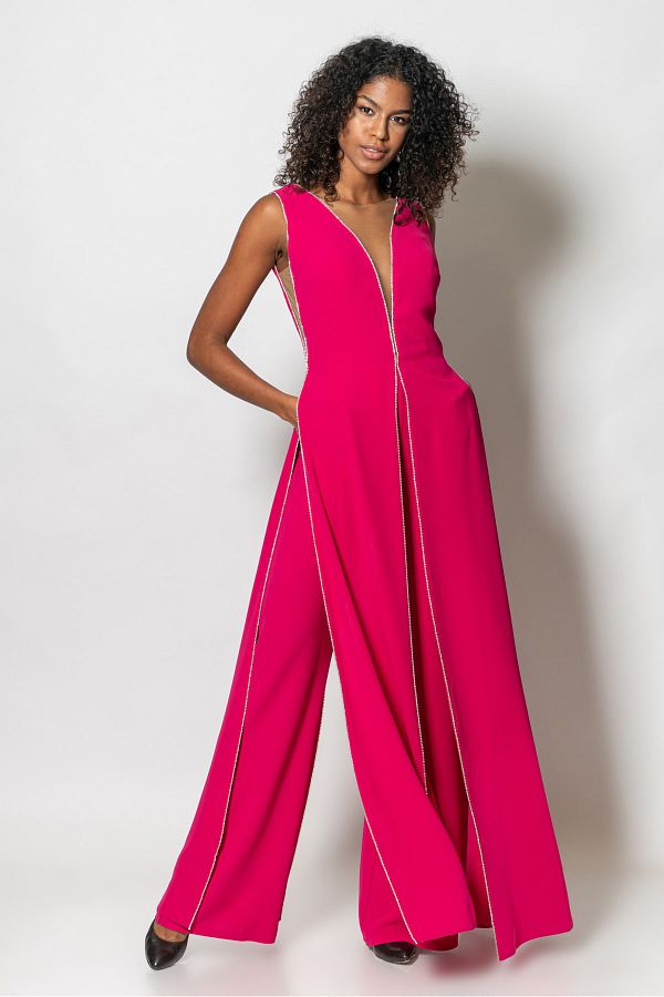 RENGIN-Jumpsuit with Stone Stripes on the Edges 1
