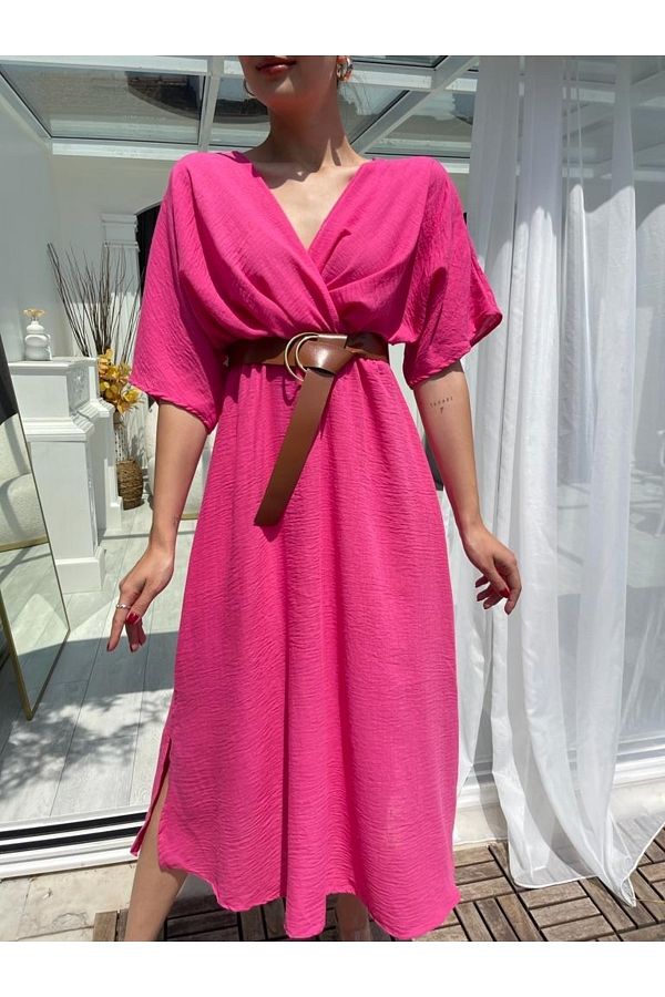 EYBUT K Fuchsia Double breasted Belted Dress Trendyol
