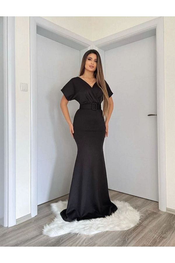 Masspera V Neck Belted Maxi Length Wedding Engagement Graduation Gown Evening Dress Trendyol