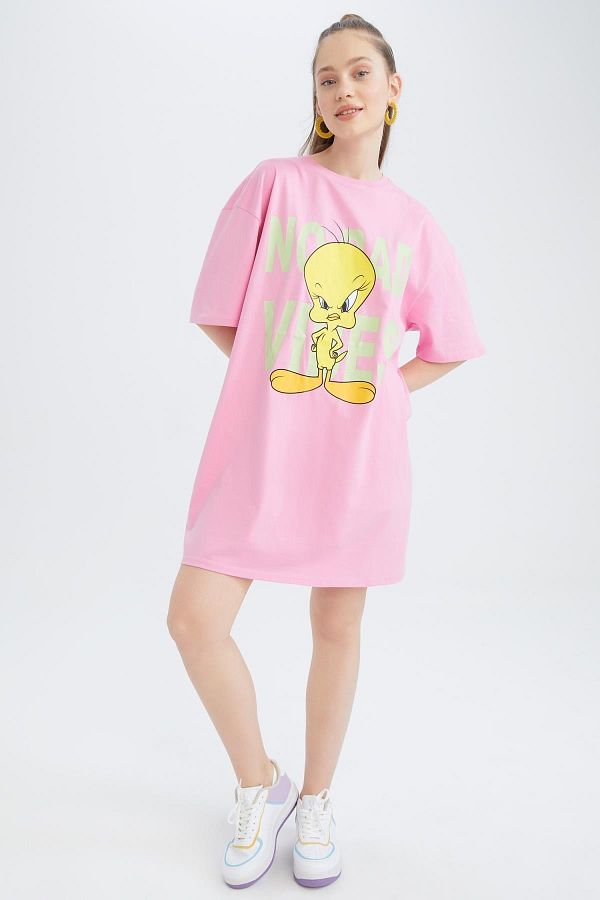 Defacto Cool Looney Tunes Crew Neck Short Sleeve Mini T Shirt Dress Trendyol