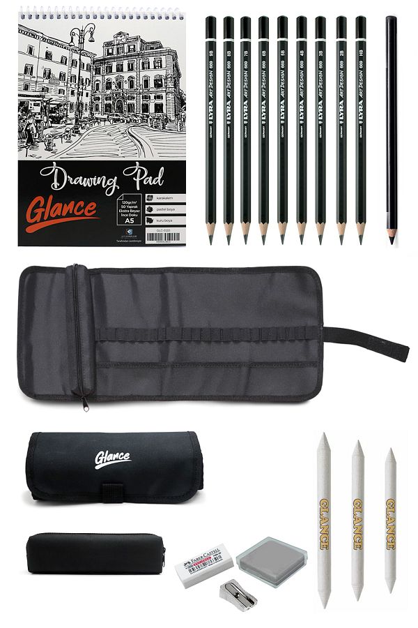 GLANCE-Sketchbook A5 120 Gr 50 Yp Lyra Graduated Sketch Drawing Set with Pencil and Charcoal Cloth Bag 1
