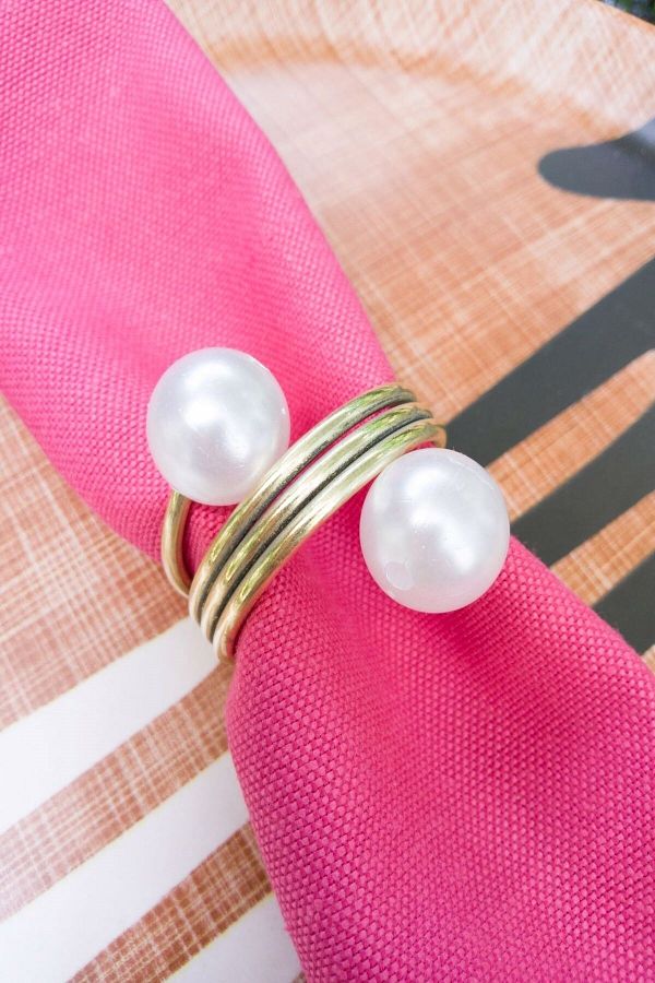 Emtory Home-6 Pieces Gold Galvanized Plated Trio Steel Napkin Rings with Pearls 1