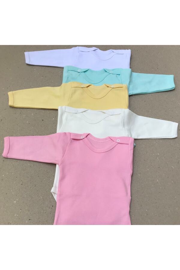 bebedino Uzun Kollu Çıtçıtlı Bebek Badisi Düz Renk Zıbın (5'li Paket) 0-48 Ay Arası