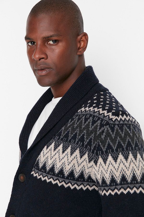 Trendyol Collection Navy Blue Slim Fit Jacquard Shawl Collar Cardigan TMNAW20HI0034 Trendyol