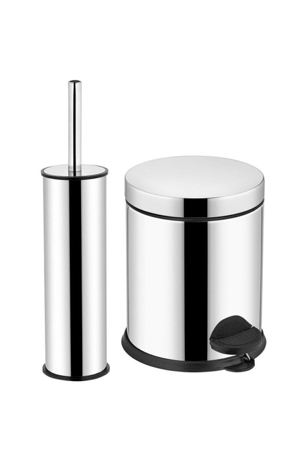 Flosoft-Chrome 2 Piece Set 3lt Pedal Trash Can WC Toilet Brush Set 1