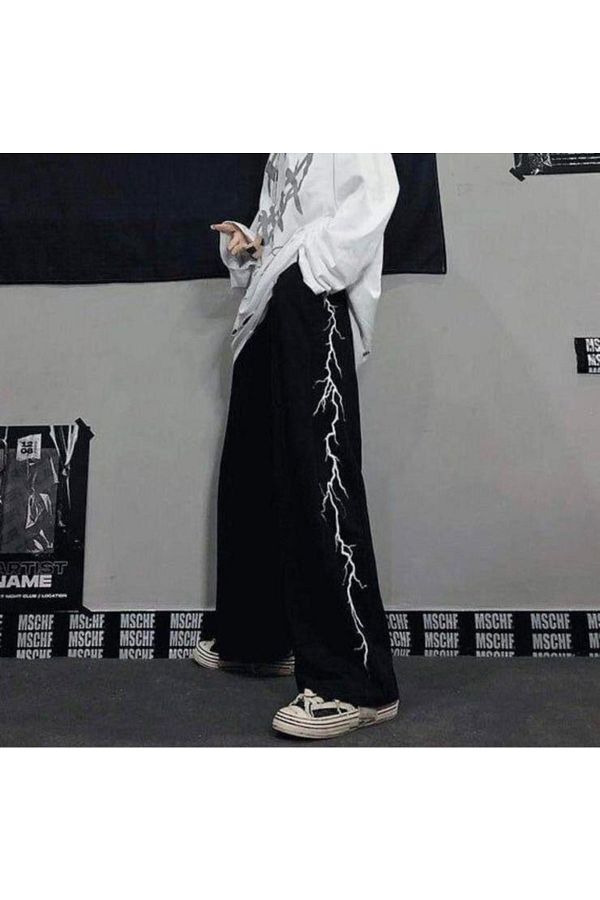 Favorim50ton Black Lightning Pattern Wide Leg Sweatpants Trendyol