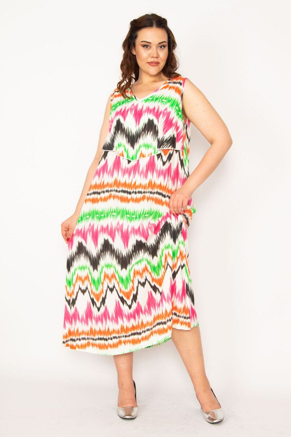 Şans-Women's Large Size Green Woven Viscose Fabric Chest Flounce Dress 65n33247 1