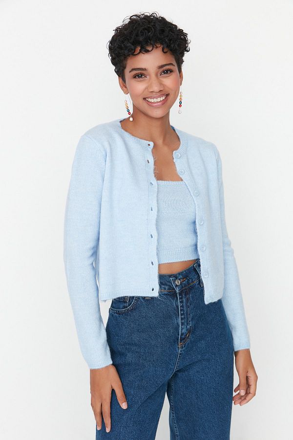 Trendyol Collection Blue Knitwear Crop Blouse and Cardigan Set Soft Texture TWOAW21HI0107 Trendyol