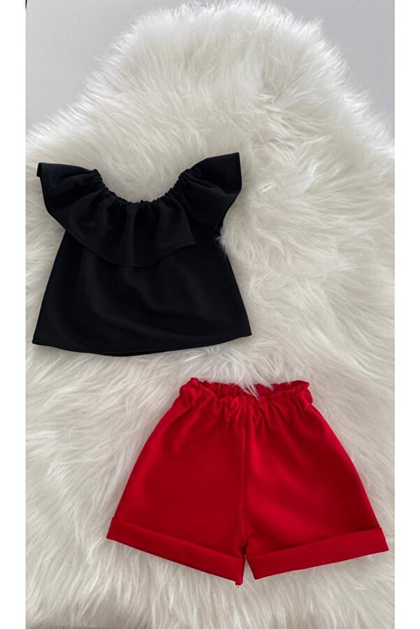 Moda Lina Kız Bebek Siyaz Bluz & Kırmızı Şort Takım