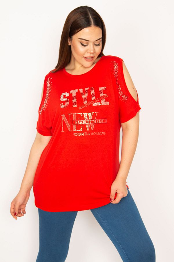 Şans-Women's Large Size Red Backless and Stone Detailed Off-the-Shoulder Blouse 65n33336 1