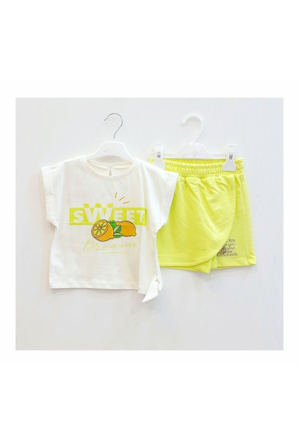 MELANİPPE-Printed Ecru Short T-Shirt and Neon Green Shorts Skirt Girl's Set 1