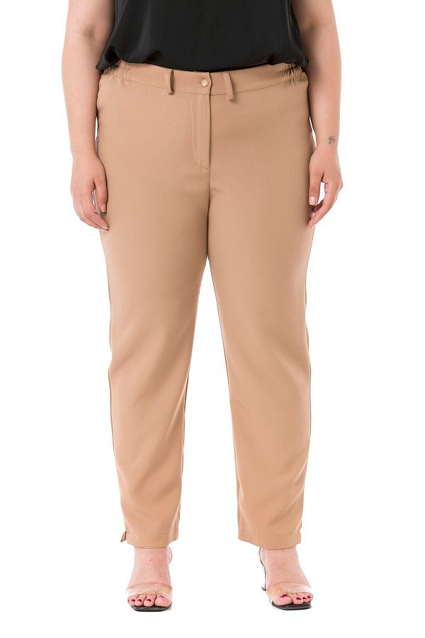 DISENTIS MODEST-Plus Size Elastic Waist Side Zippered Leg Slit Mink Trousers 1