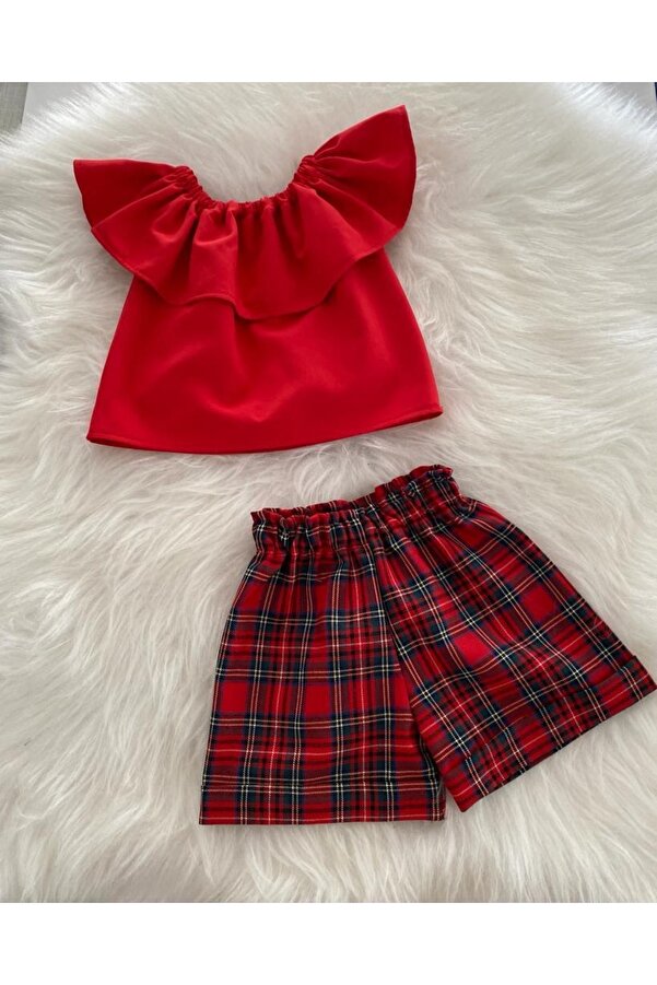 Moda Lina Kız Bebek Kırmızı Bluz & Kırmızı Ekose Desen Şort Takım