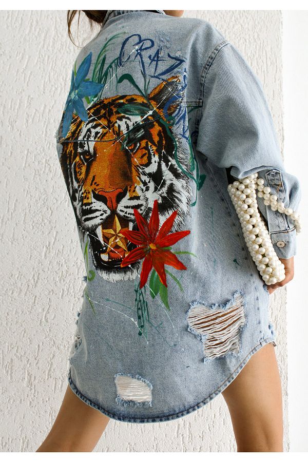 efstyle Asuars Design Tiger Back Hand Painted Printed Denim Jacket Trendyol