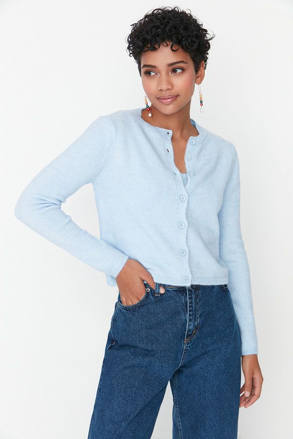 Trendyol Collection Blue Knitwear Crop Blouse and Cardigan Set Soft Texture TWOAW21HI0107 Trendyol