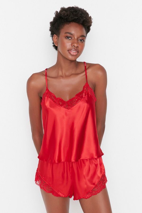 Trendyol Collection Red Lace Rope Strap Satin Woven Pajamas Set Thmss22Pt0269 Trendyol