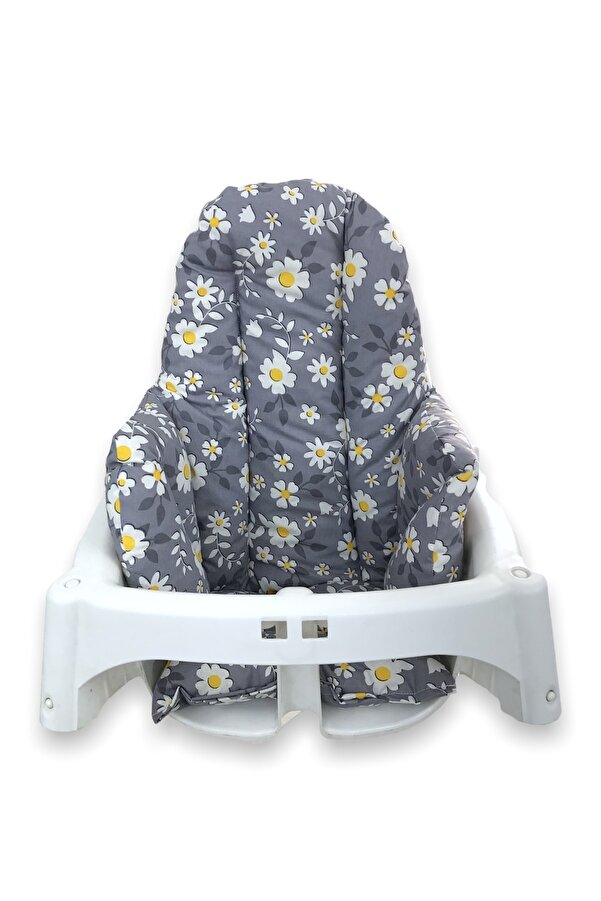 Babynia Pamuklu Bebek Çocuk Mama Sandalyesi Minderi Gri Papatyalı