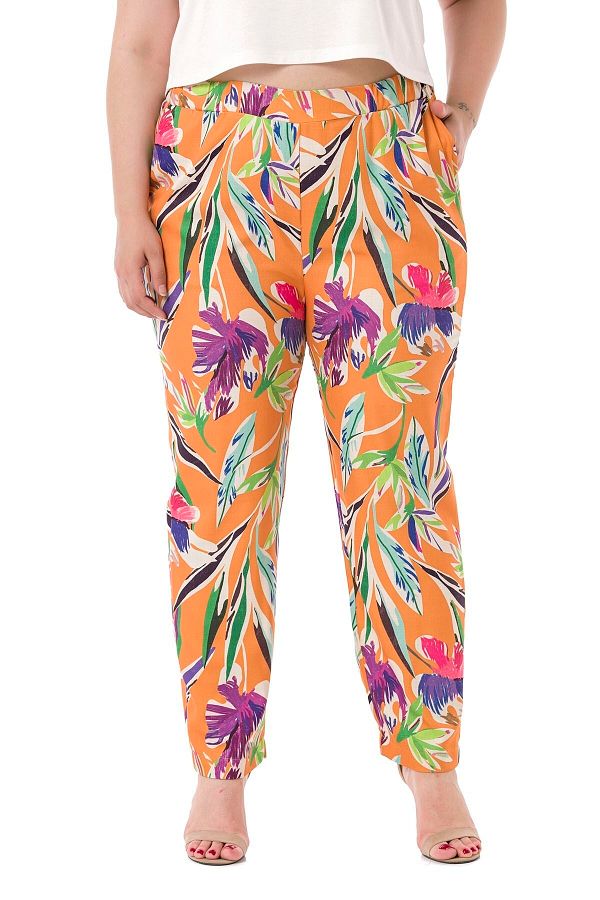 DISENTIS MODEST-Plus Size Leaf Printed Orange Trousers with Elastic Waist, Side and Back Pockets 1