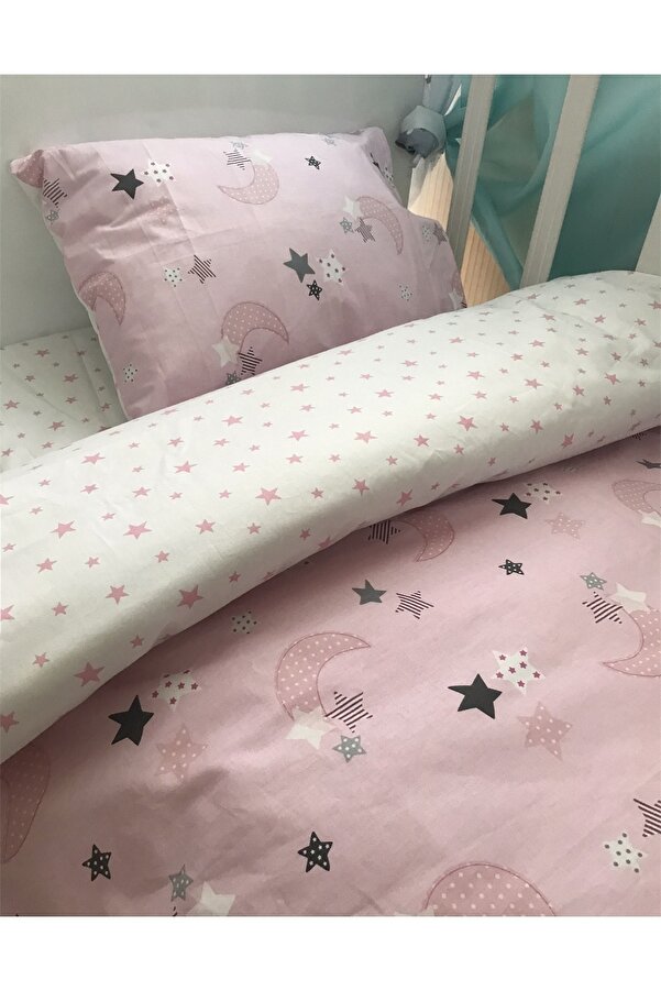 Babynia %100 Pamuk Bebek/çocuk Yastık Çarşaf Yorgan Seti Pembe Ay Yıldız 70x110 Park Beşik Için