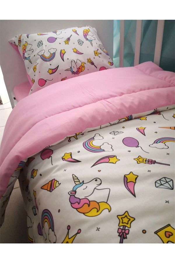 Babynia-Unicorn Pink - Set de lenjerie de pat pentru bebeluși și copii 100% bumbac, single 1
