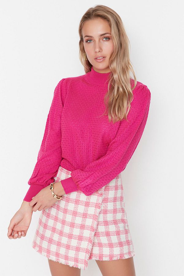 Trendyol Collection-Pulover tricotaj cu guler fucsia TWOAW21KZ0817 1
