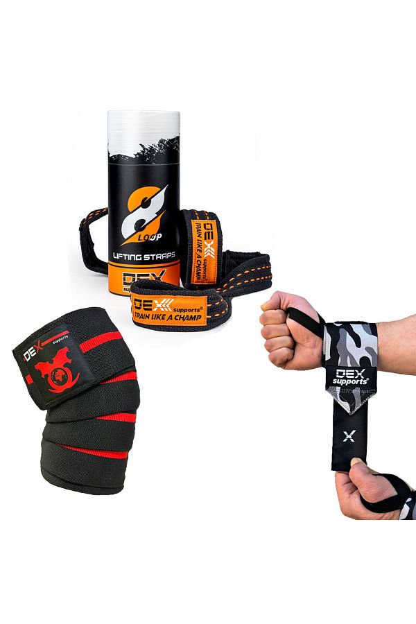 Dex Supports Lasting Energy-8 Loop Lifting Straps Camouflage Wrist Wraps Dark Tone Knee Wraps Set of 3 1