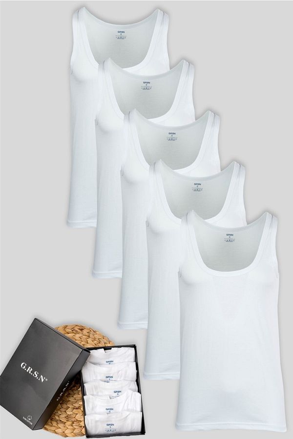 GRSN-5-Piece Men's 100% Cotton High Quality Boxed White Combed Tank Top 1