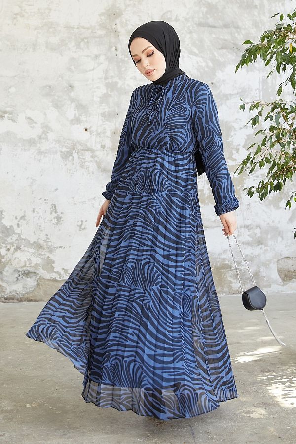 InStyle-Patterned Lenda Chiffon Hijab Dress - Navy Blue 1